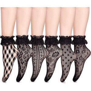 Women Black Nylon 6 Pairs Lace Fishnet Anklet Dress  Socks